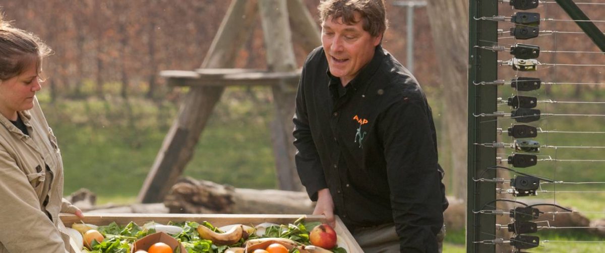 David van Gennep en medewerker tillen voer voor de dieren bij Stichting AAP.